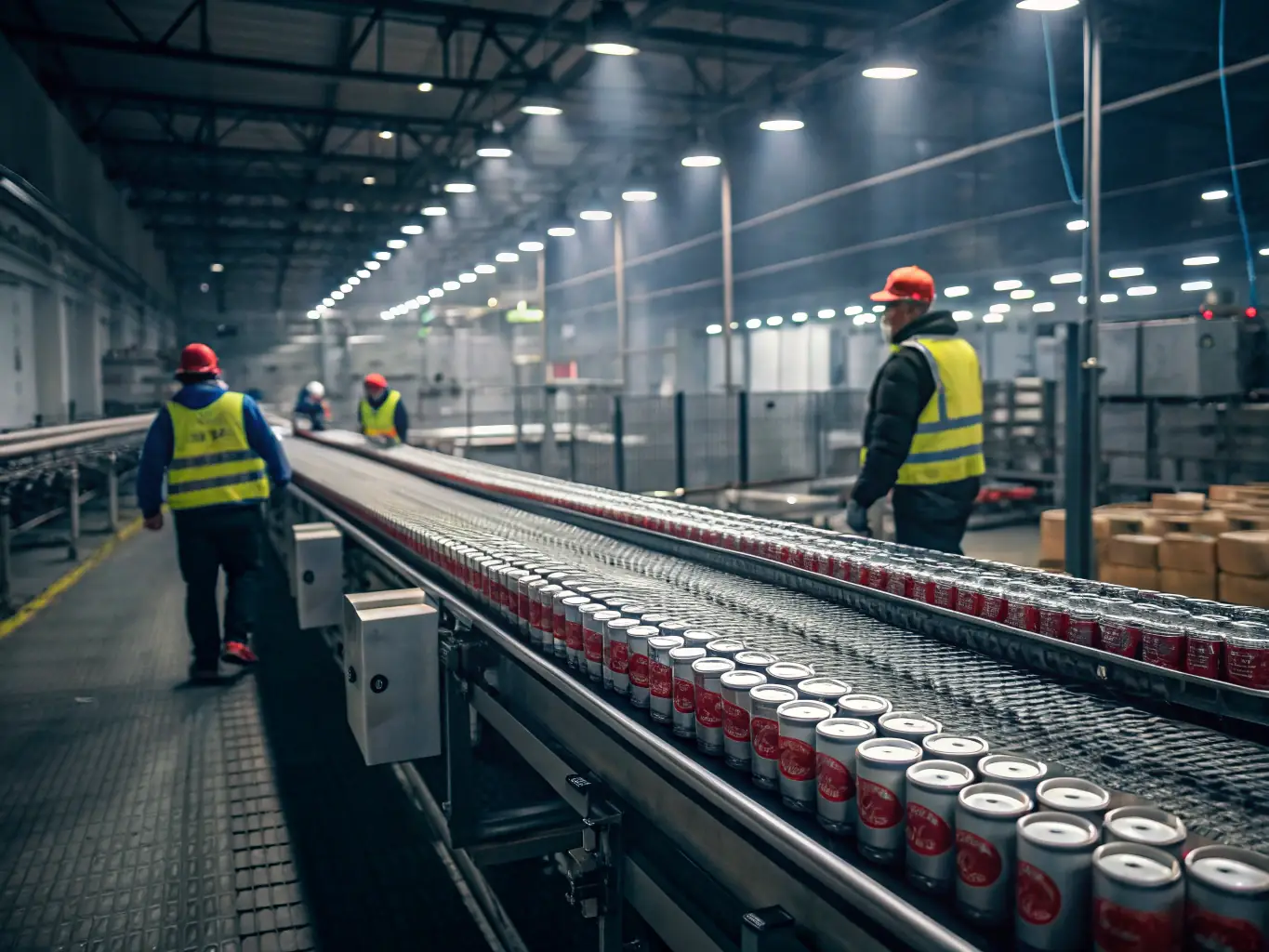 An image showing a modern beverage production line with aluminum cans being filled and sealed, showcasing the efficiency and technology used by Soda Copacker.