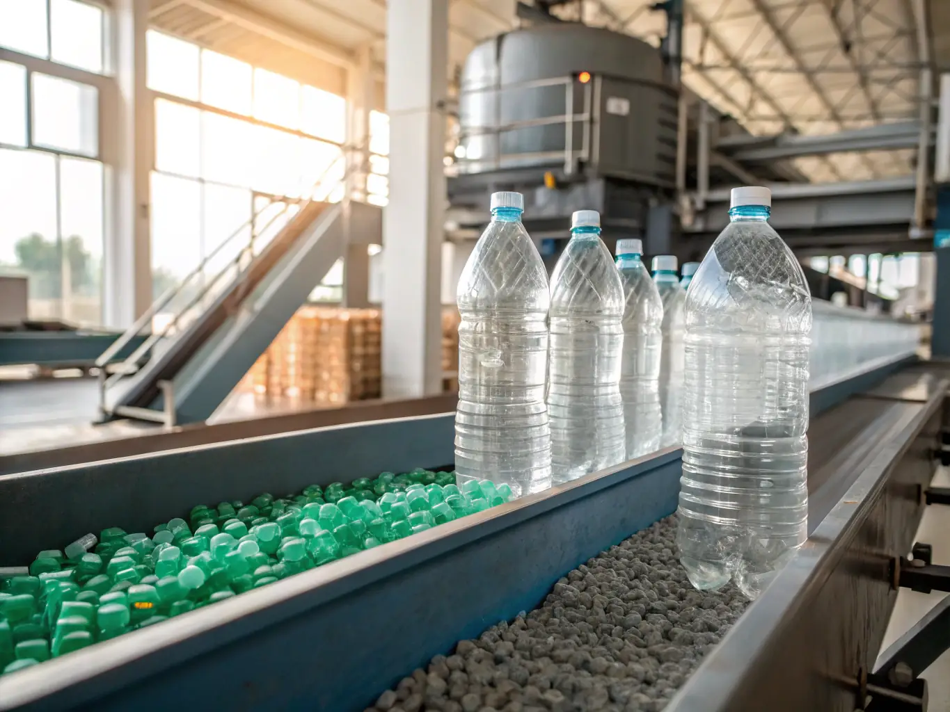 An image showing PET bottles moving along a conveyor belt in a clean and modern co-packing facility, emphasizing the hygienic and efficient process at Soda Copacker.