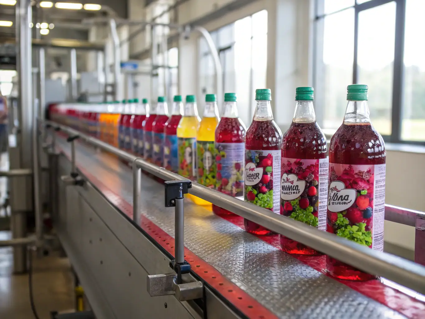 An image showing a variety of glass bottles being filled with different colored beverages on a production line, highlighting Soda Copacker's versatility.